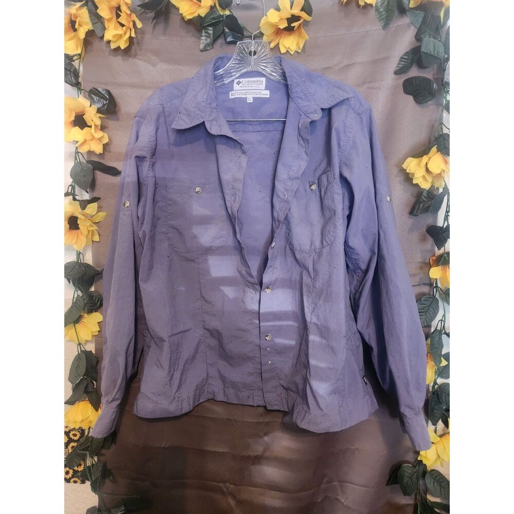 Columbia Womens GRT Hiking Shirt Button Front Roll Tab Sleeve Purple XL